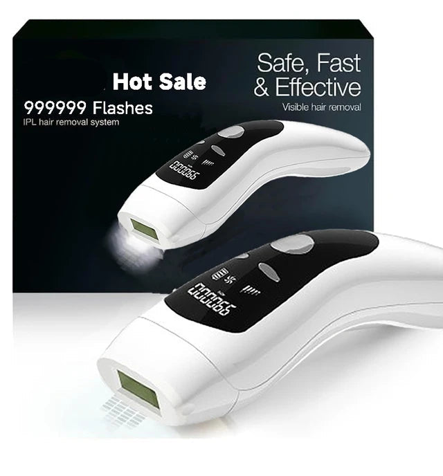 IPL hair removal system with digital display on a white background