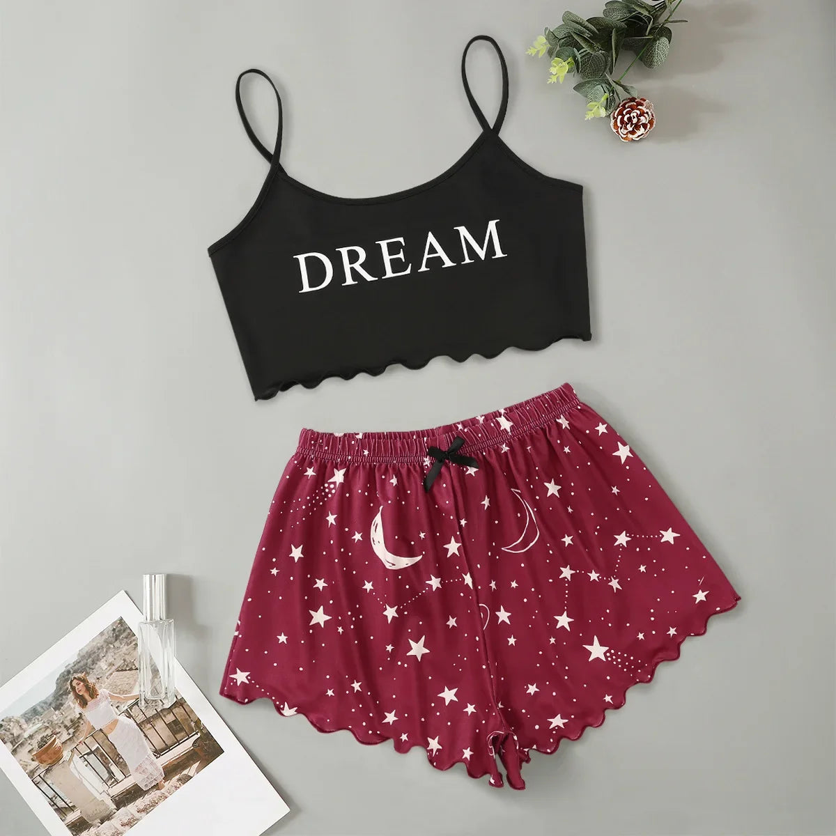 Summer Sexy Lingerie Pajama Set — Moon & Stars Print Crop Top with Shorts | Women’s Sleepwear Pyjamas
