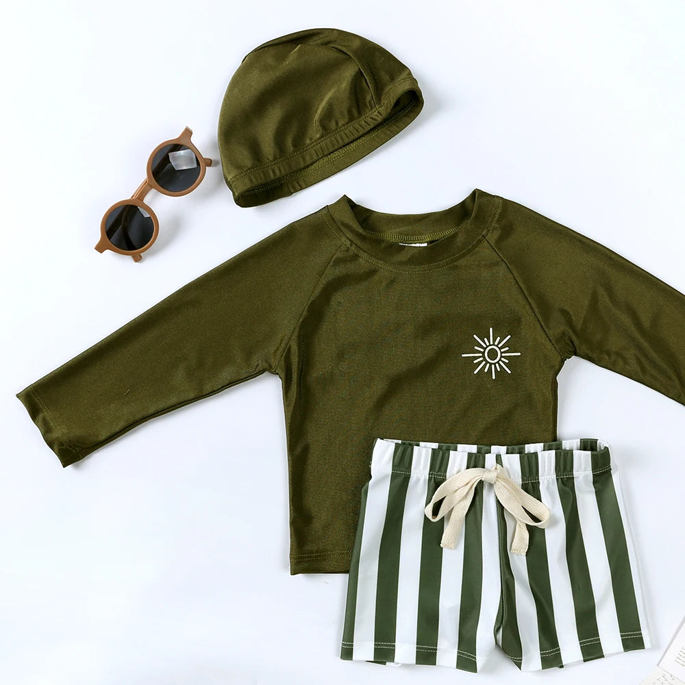 2025 Kids Boys Sun Protection Swimsuit Set Long Sleeve Tops Beach Pants Hat 1-7T