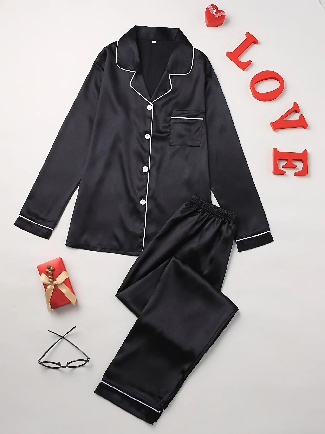 Women's Solid Pajama Set | Long Sleeve Button-Up Lapel Top & Pants Sleepwear Loungewear