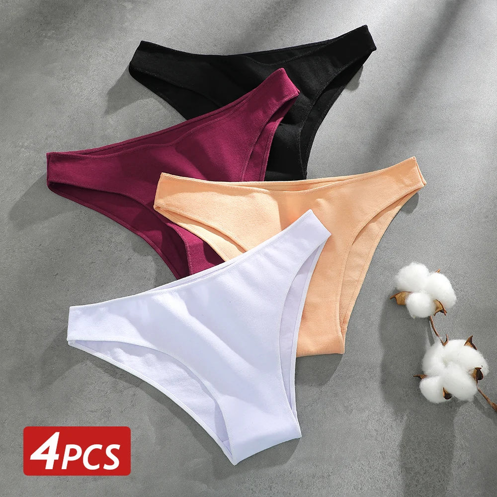 4PCS Seamless Cotton Panties Women Solid Color Low Waist Breathable Stretch Underwear