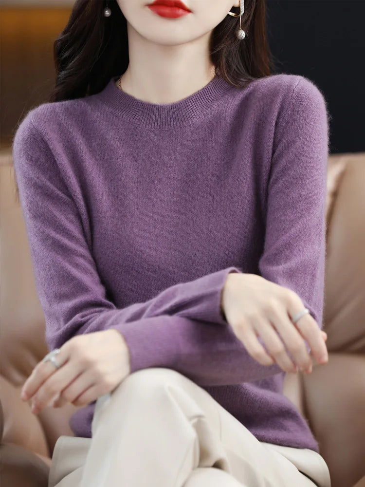 Fashion 100% Merino Wool Cashmere O-Neck Sweater Women Long Sleeve Knitwear