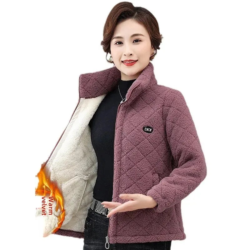 Middle-Aged & Elderly Women's Fleece-Lined Wool Sweatshirt Stand Collar Cardigan Winter Jacket