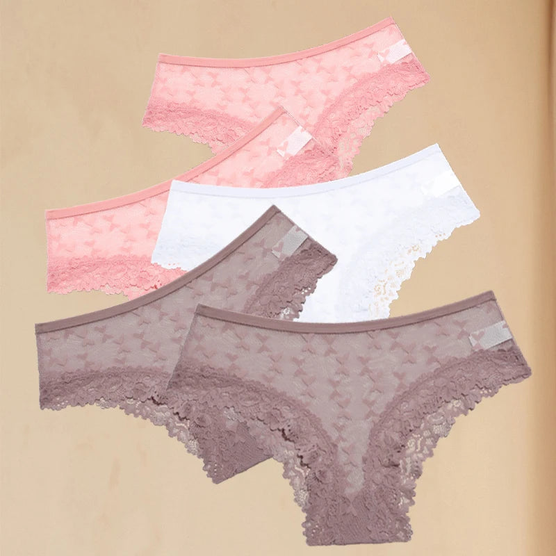 FINETOO 5PCS Women's Lace Hollow Out Panties Sexy Floral Solid Color Underwear Lingerie S-XL