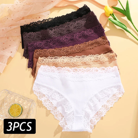 3PCS Set Women's Sexy Lace Cotton Low Rise Panties Floral Seamless Soft Breathable Underwear S-XL
