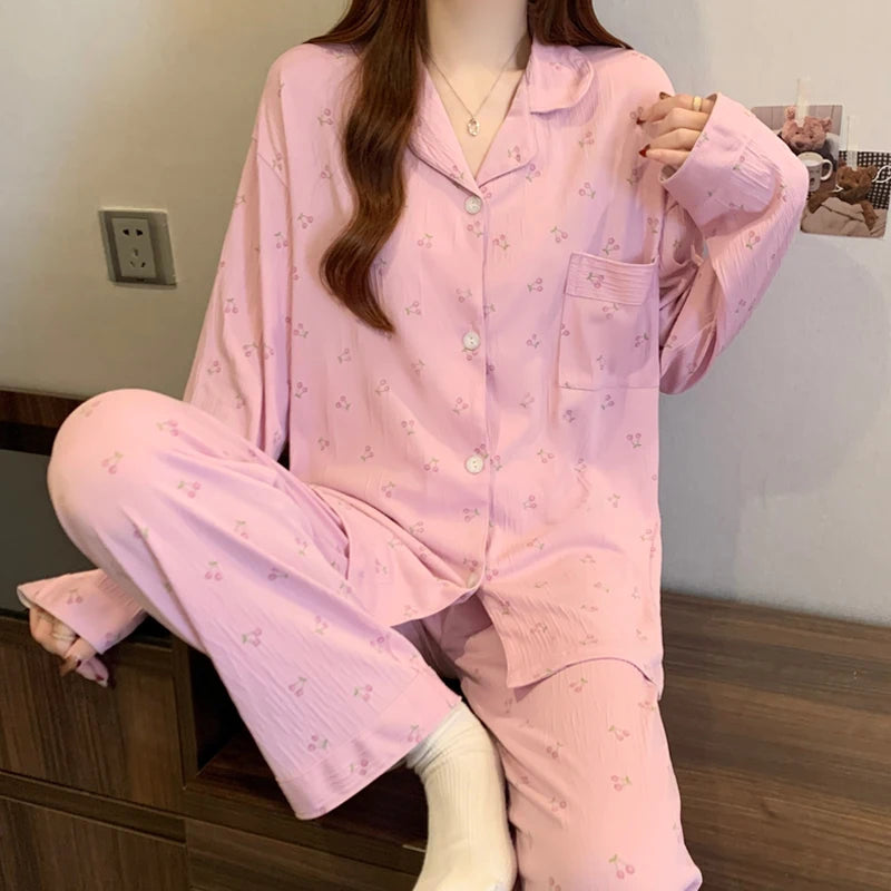 Women's Pink Bow Pajama Set | Harajuku Style Long Sleeve Top & Elastic Waist Pants Sleepwear