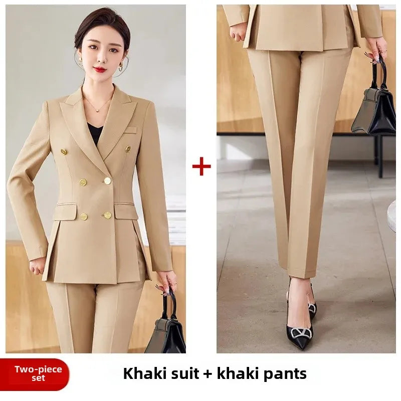 Women’s Khaki Western-Style Suit – Professional Double-Button Jacket Workwear