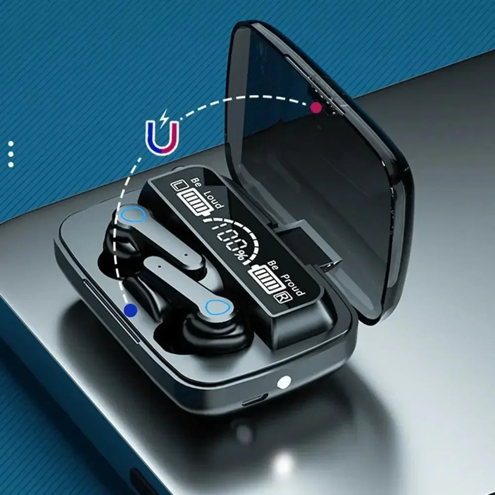سماعة بلوتوث M19 الأصلية | سماعات أذن رياضية لاسلكية مع تحكم باللمس، شاشة LED، وحافظة شحن باور بانك