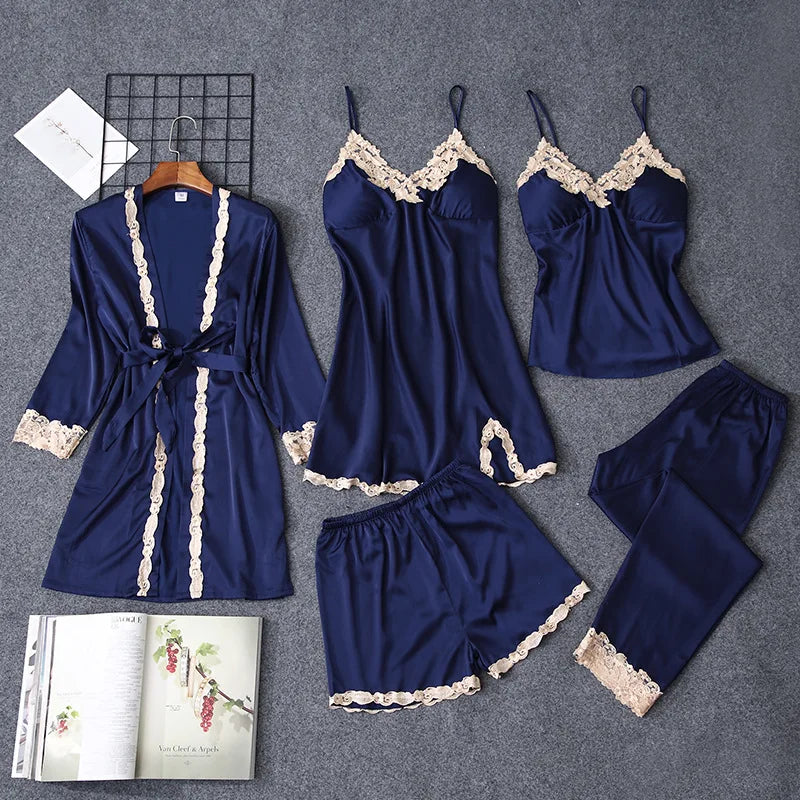 1/4/5PCS Women's Satin-Like Robe & Pajama Set | Lace V-Neck Cami Nightdress | Comfortable Home Sleepwear