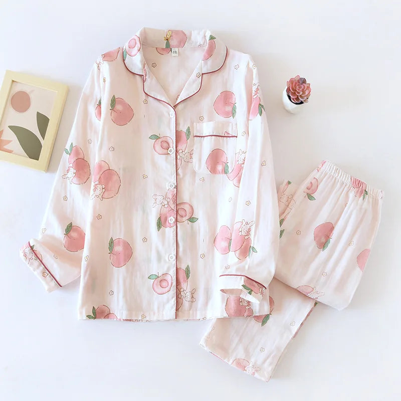 2025 Kimono Femme Maple Leaf Pajama Set | 100% Gauze Cotton Long Sleeve Sleepwear for Women | Autumn Pyjamas Hot Sale