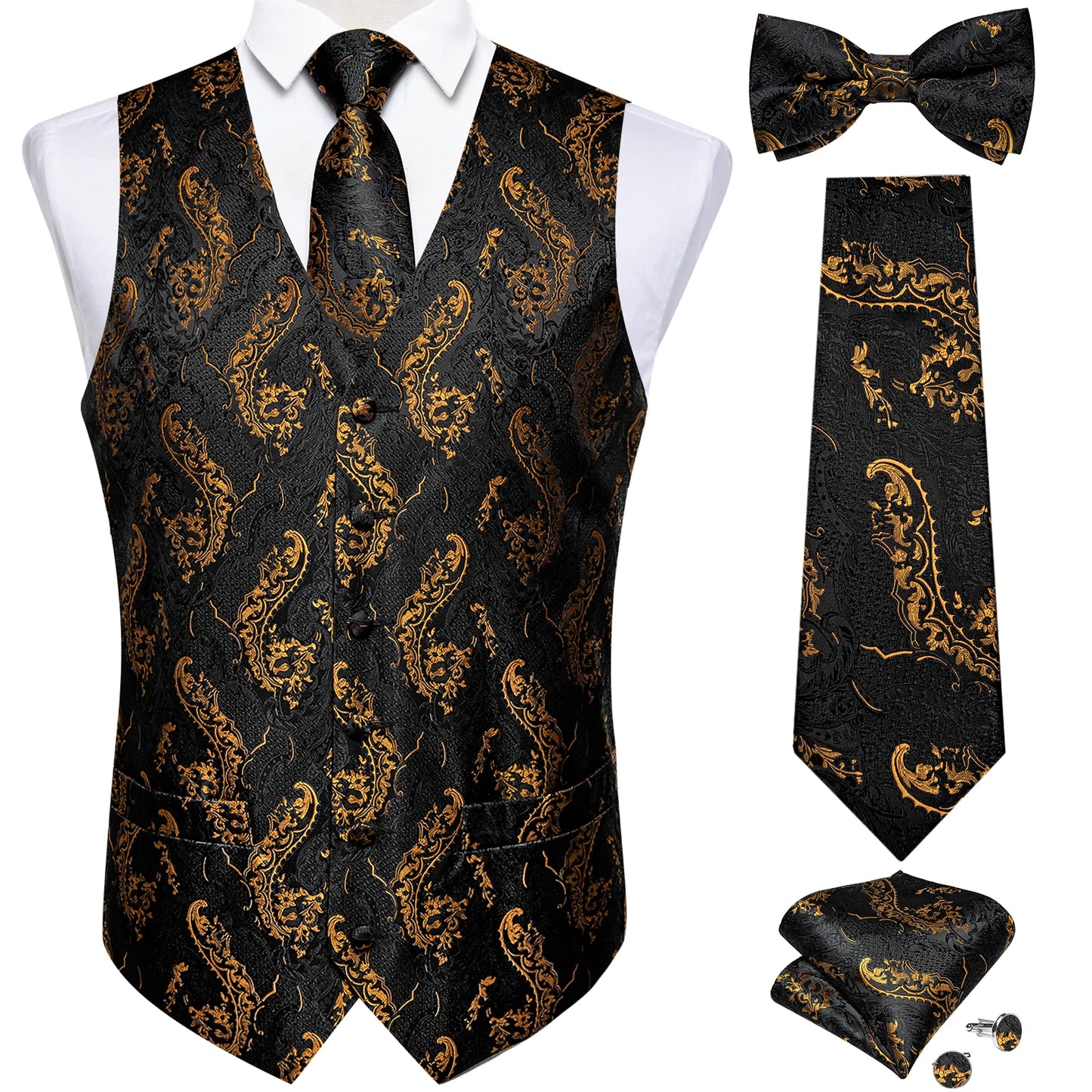 Men's Black Paisley Suit Vest with Necktie & Accessories – Formal Waistcoat for Wedding & Prom