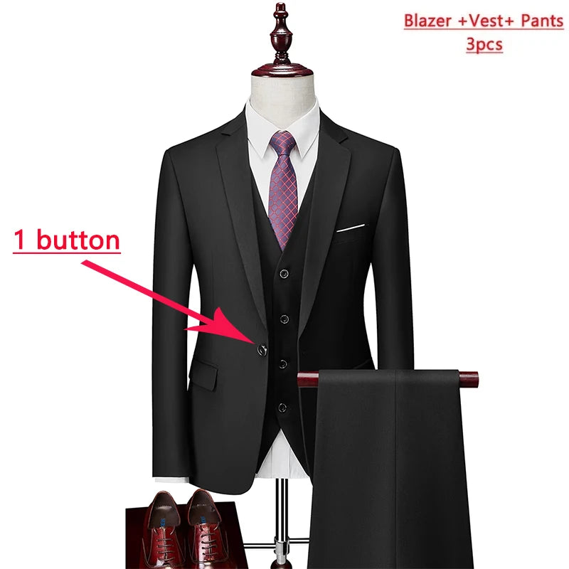 14 Color M-6XL Men's 3-Piece Formal Suit – Jacket, Vest & Pants for Business, Groom & Wedding