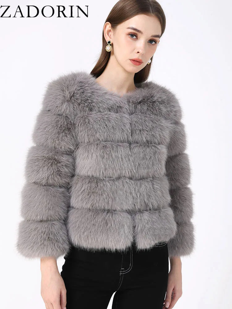 ZADORIN S-6XL Women's Mink Faux Fur Coat Winter Elegant Fluffy Short Jacket Black & White