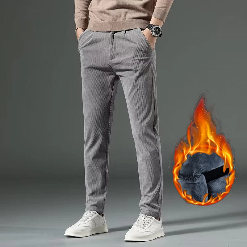 Men's High-Quality Corduroy Thermal Pants – Khaki Narrow Leg Casual Autumn Winter Trousers