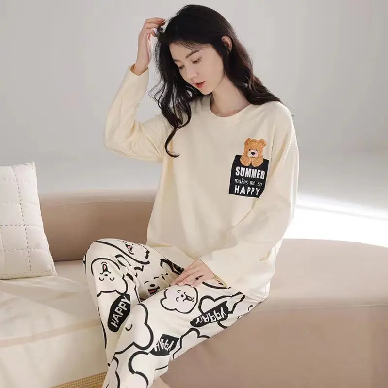 Plus Size Women's Pajama Set | Long Sleeve Top & Trousers | Autumn & Winter Cute Cartoon Bear Two-Piece Sleepwear