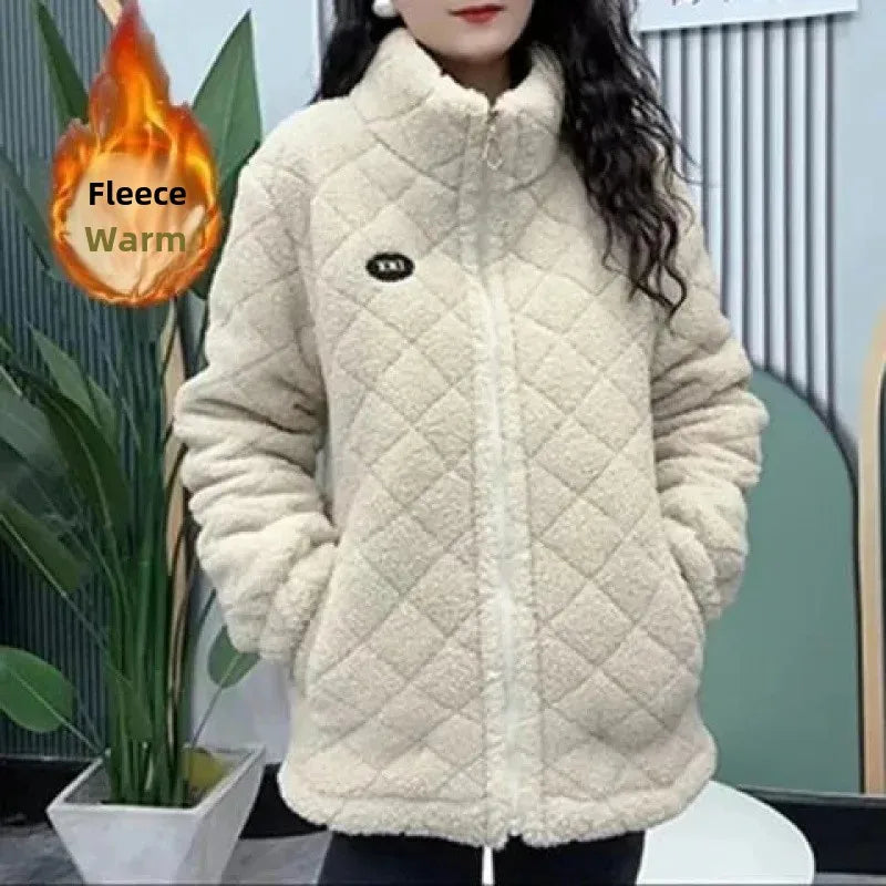 Thickened Hooded Cotton Jacket Women's Warm Winter Fleece-Lined Mommy Style Outerwear