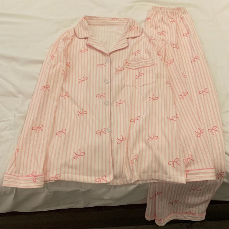 Women's Pink Bow Pajama Set | Harajuku Style Long Sleeve Top & Elastic Waist Pants Sleepwear