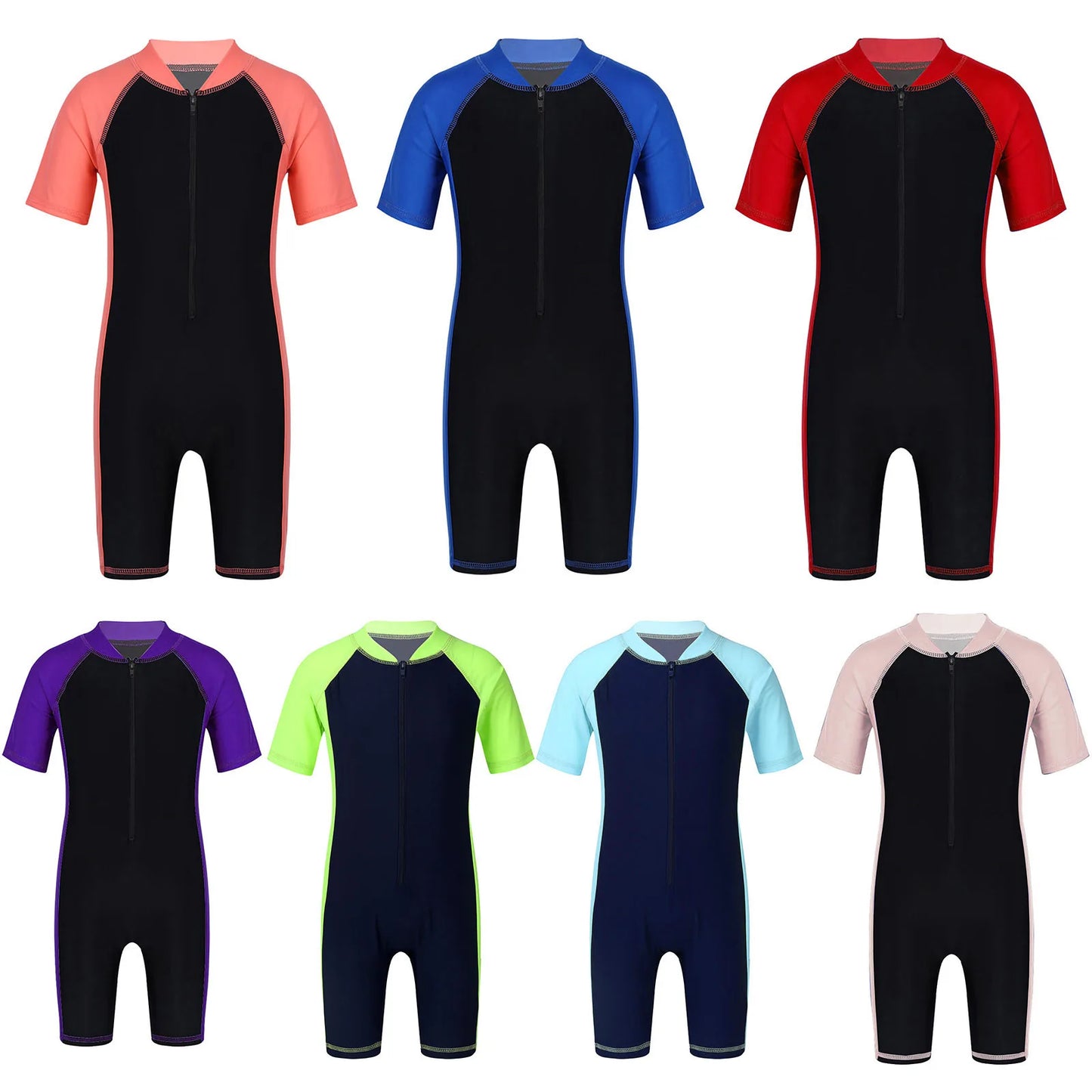 Kids Short Sleeve Wetsuit Boys Girls Zippered Swimwear Shorty Bodysuit