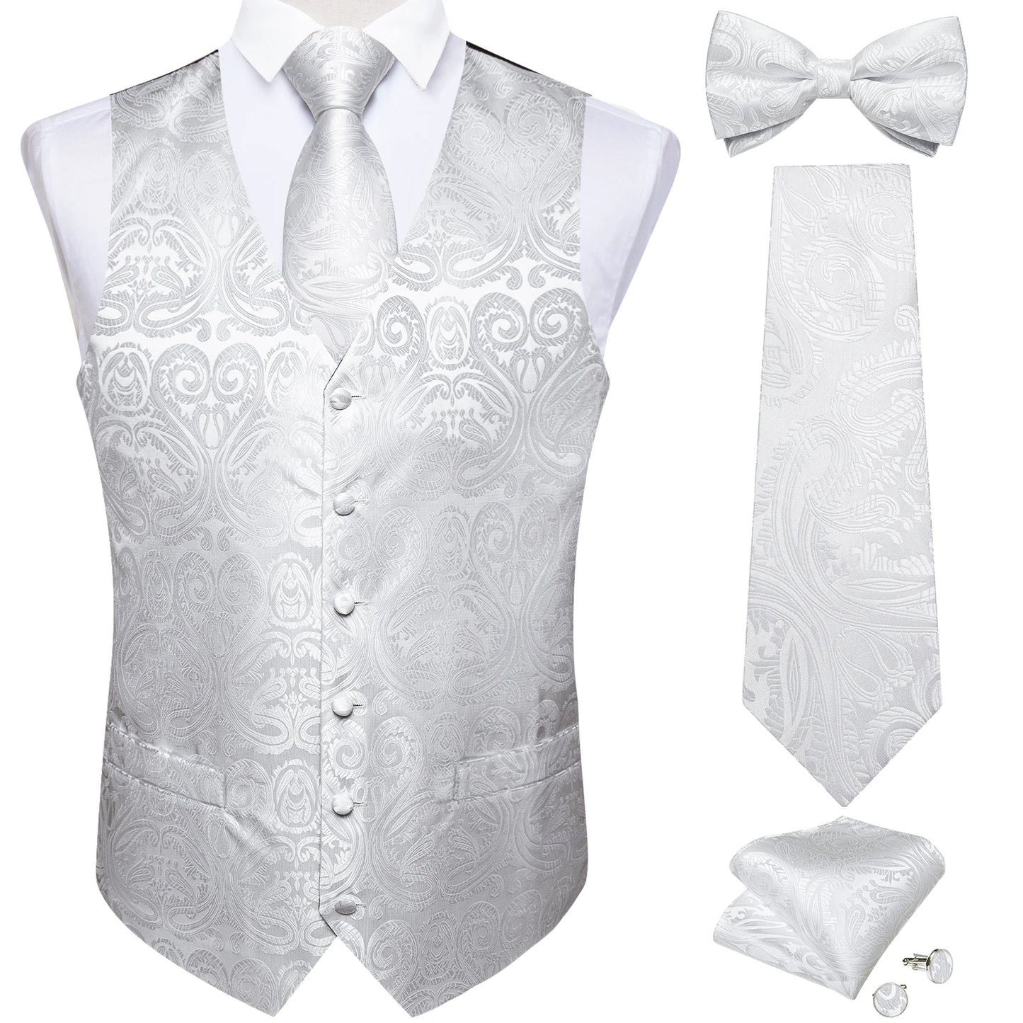 Men's Black Paisley Suit Vest with Necktie & Accessories – Formal Waistcoat for Wedding & Prom
