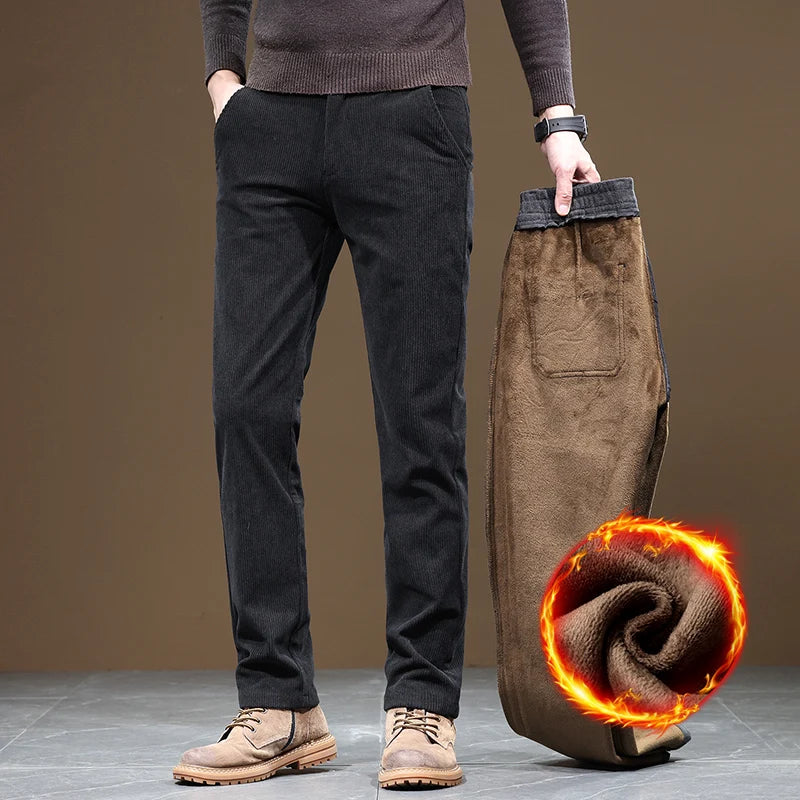 Men's Winter Fleece Corduroy Pants – Slim Fit Stretch Casual & Business Trousers