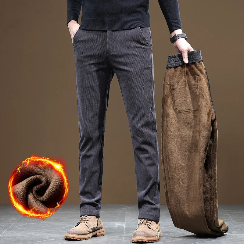 Men's Winter Fleece Corduroy Pants – Slim Fit Stretch Casual & Business Trousers