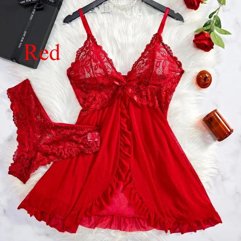 Women's Sexy Lace Lingerie Set | V-Neck Slim Soft Nightdress & Bra | Solid Color Erotic Sleepwear