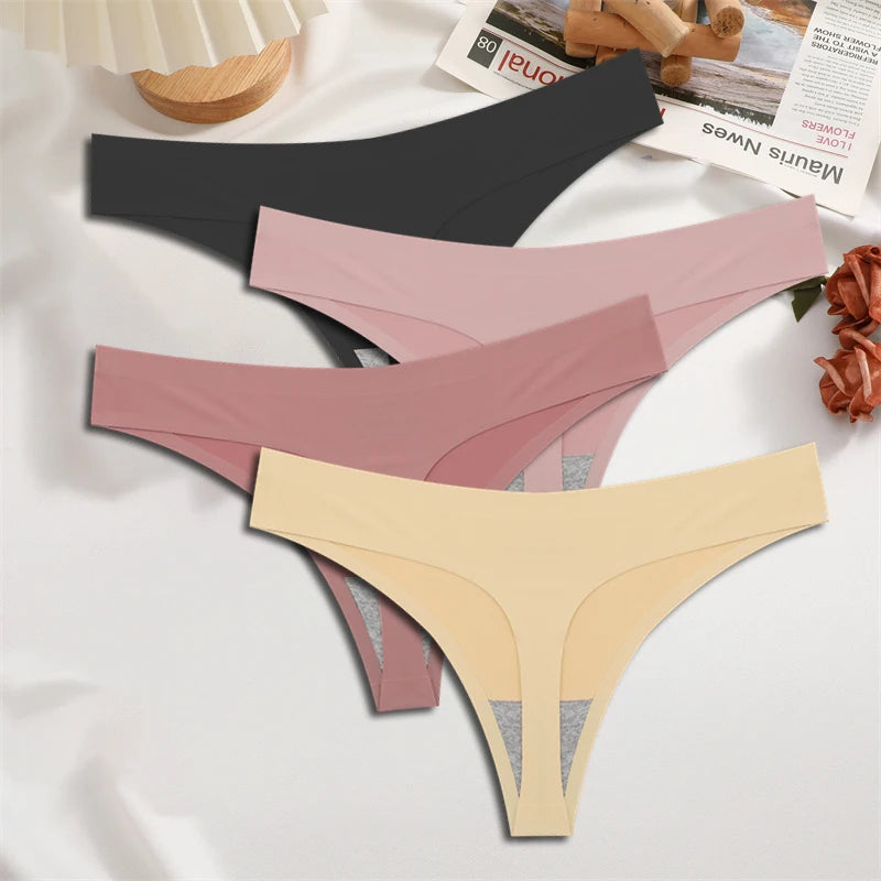 FINETOO 4PCS Women's Ice Silk Seamless Low Waist Thongs Sexy Solid Color Stretch Lingerie