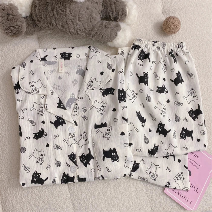 Autumn Women's Plaid Pajama Set | Korean Style Embroidered Dog 2-Piece Soft Vintage Sleepwear