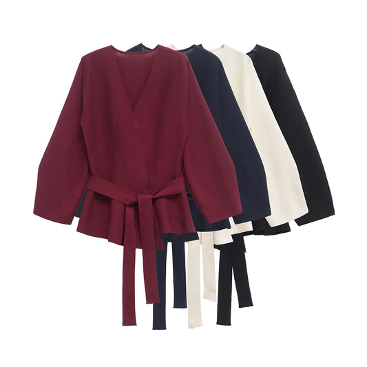 Spring Women Shoulder Pad Belt Knit Blazer Retro V-Neck Long Sleeve Versatile Female Coat 9598/128