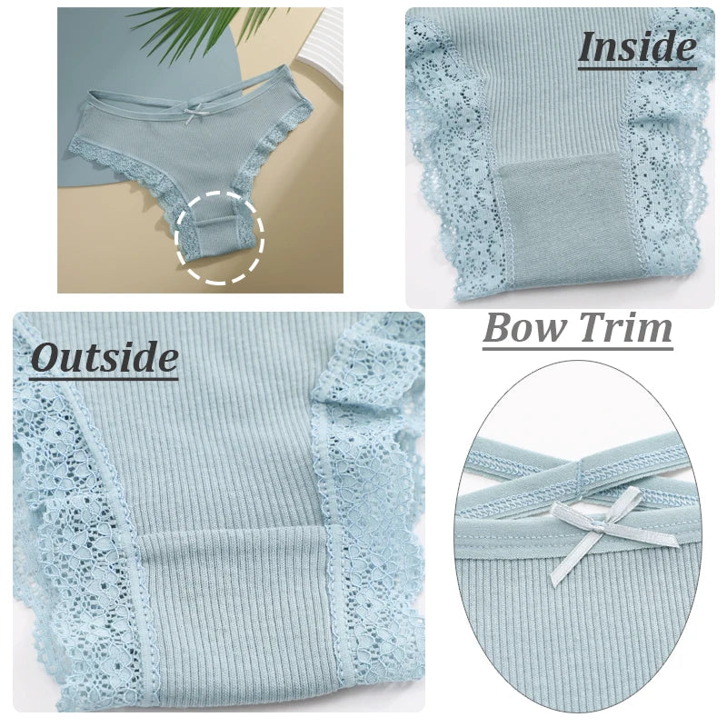 3PCS Set Women's Cotton Low Rise Lace Brazilian Panties Soft Breathable Bow Lingerie Underwear S-XL