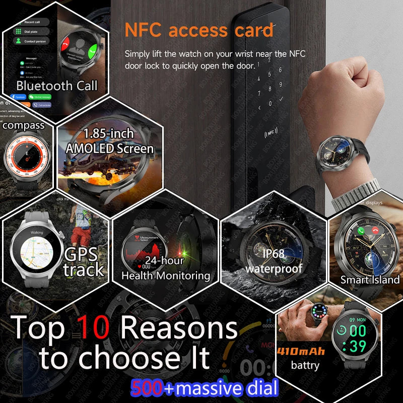 1.85” AMOLED HD Smart Watch – GPS, Compass, NFC, Waterproof, Health Monitor & Bluetooth Call