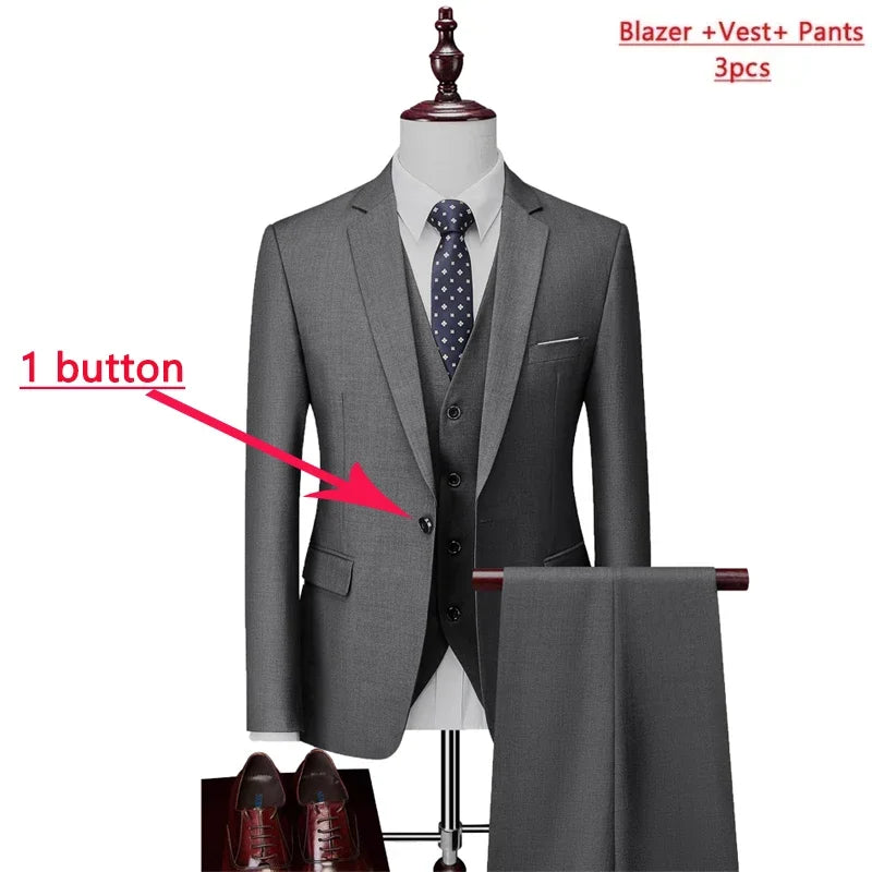 14 Color M-6XL Men's 3-Piece Formal Suit – Jacket, Vest & Pants for Business, Groom & Wedding