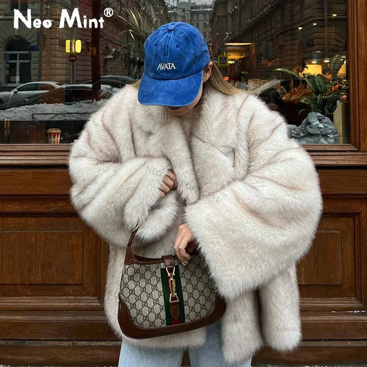 Neo Mint 2024 Winter Girls Oversized Gradient Faux Fox Fur Coat Thick Warm Fluffy Outerwear