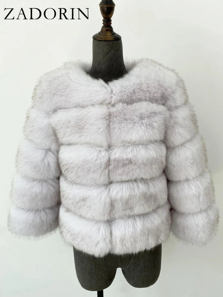 ZADORIN S-6XL Women's Mink Faux Fur Coat Winter Elegant Fluffy Short Jacket Black & White