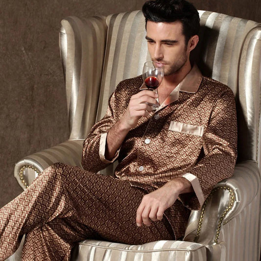 Men's High Quality Pajama Set | Spring & Autumn Thin Ice Silk Polyester Sleepwear | Long Sleeve Plus Size Summer Homewear
