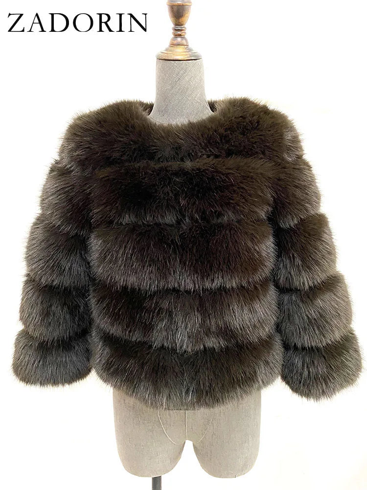 ZADORIN S-6XL Women's Mink Faux Fur Coat Winter Elegant Fluffy Short Jacket Black & White