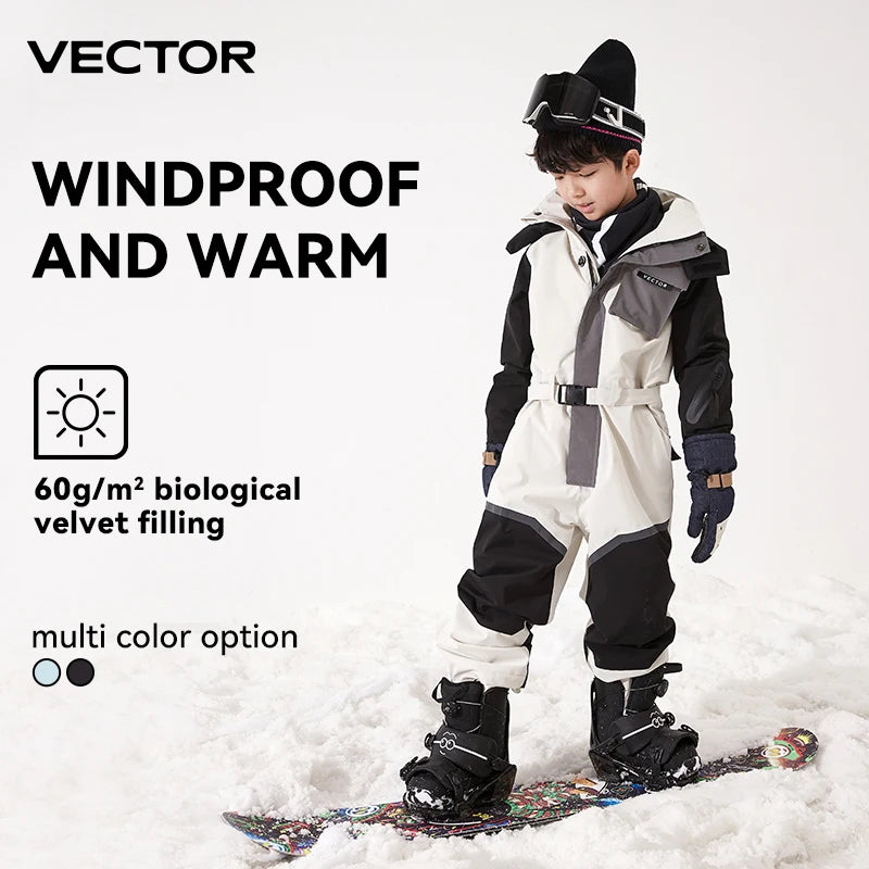 Children’s Thick One-Piece Ski Jumpsuit – Waterproof Hooded Snowboard Jacket & Overalls, Warm Winter Outdoor Sports Wear