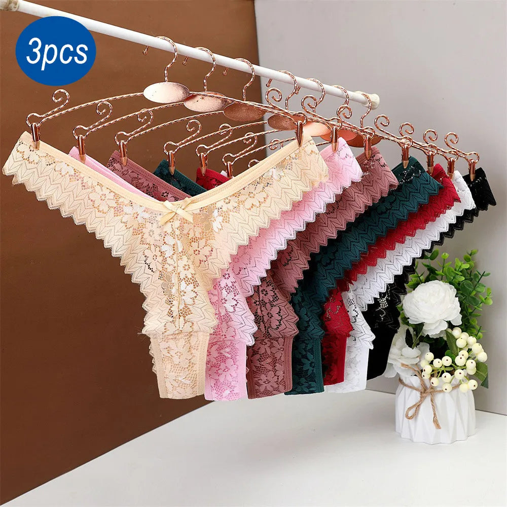3PC Sexy T-Back Thong Panties for Women – Mid Waist Lace Transparent V-Shape Underwear