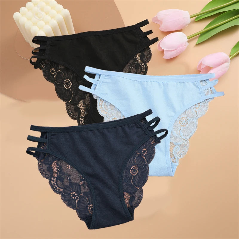 FINETOO 3PCS Women's Lace Floral Low-Waist Triple Belt Panties Soft Sexy Lingerie Underwear
