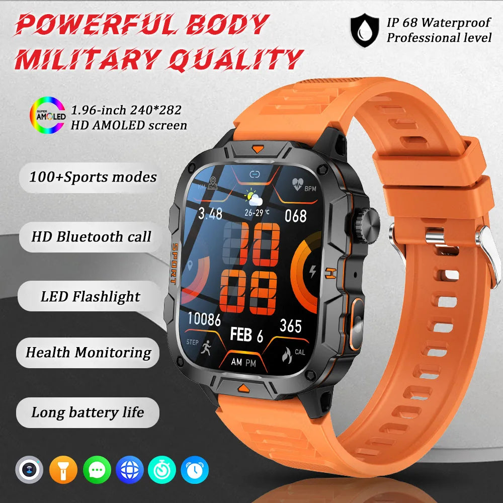 2025 New Military Smart Watch for Men – 1.96" AMOLED Display, 5ATM Waterproof Fitness Tracker | Bluetooth Call Smartwatch for Xiaomi