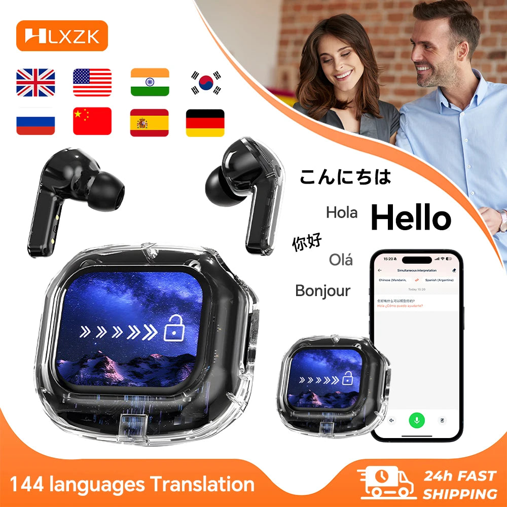 Wireless Bluetooth Earphones – 144-Language Real-Time Translation, Smart Touch Screen, HiFi TWS Headset for Business