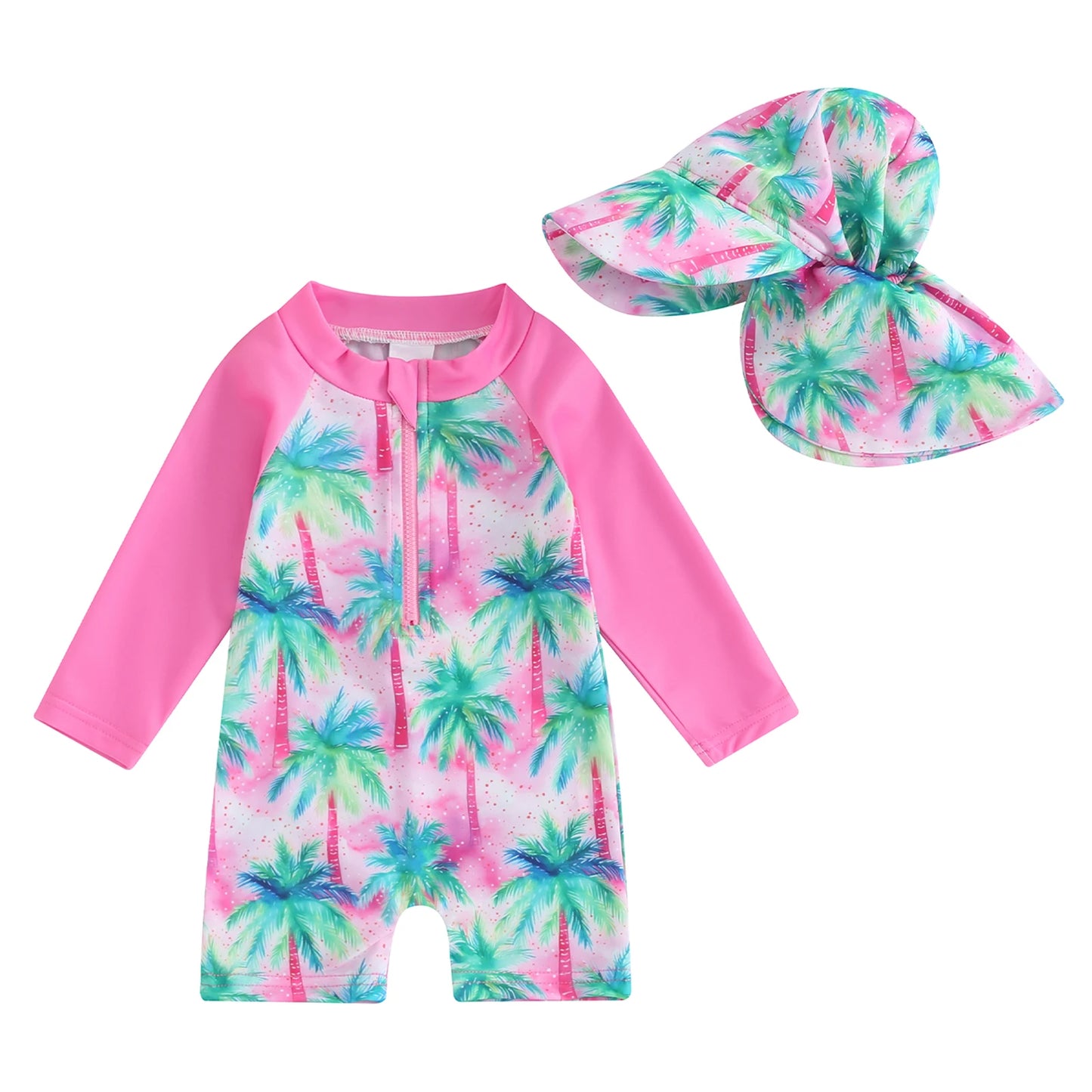 Kids Long Sleeve Swimsuit Set Floral Tropical Print Zip Up with Hat Summer Beachwear