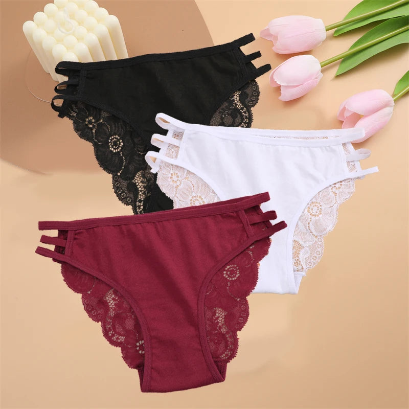 FINETOO 3PCS Women's Lace Floral Low-Waist Triple Belt Panties Soft Sexy Lingerie Underwear