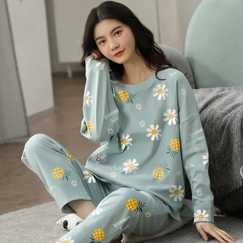 Women's Spring & Autumn Pajama Set | Long Sleeve Plus Size Loose Homewear | Simple Comfortable Sleepwear