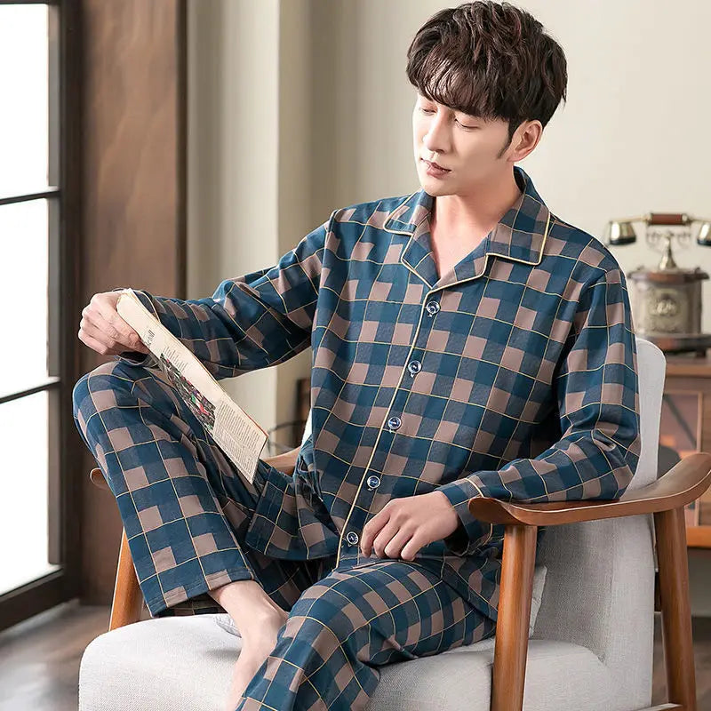 Men's Fall & Winter Cotton Pajama Set | Long Sleeve Top & Pants | Thin Comfortable Homewear for Middle-Aged Men