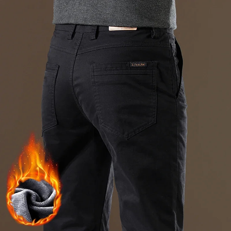 97% Cotton Fleece Business Casual Pants Men | Straight Cozy Stretch Warm Trousers | Winter Thickened Velvet Thermal Clothing