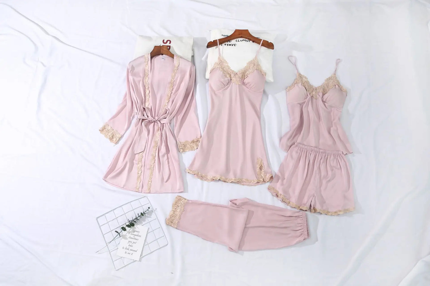 1/4/5PCS Women's Satin-Like Robe & Pajama Set | Lace V-Neck Cami Nightdress | Comfortable Home Sleepwear