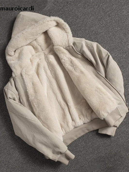 Autumn Winter Oversized Canvas Padded Jacket – Thickened Warm Faux Fur Hoodie