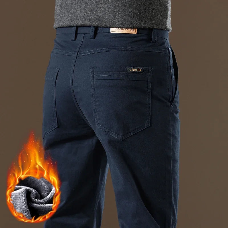 97% Cotton Fleece Business Casual Pants Men | Straight Cozy Stretch Warm Trousers | Winter Thickened Velvet Thermal Clothing