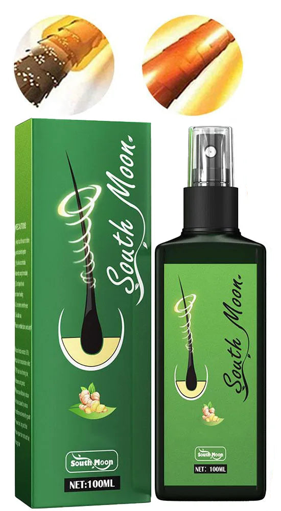 South Moon hair care product with packaging and a woman with long hair.